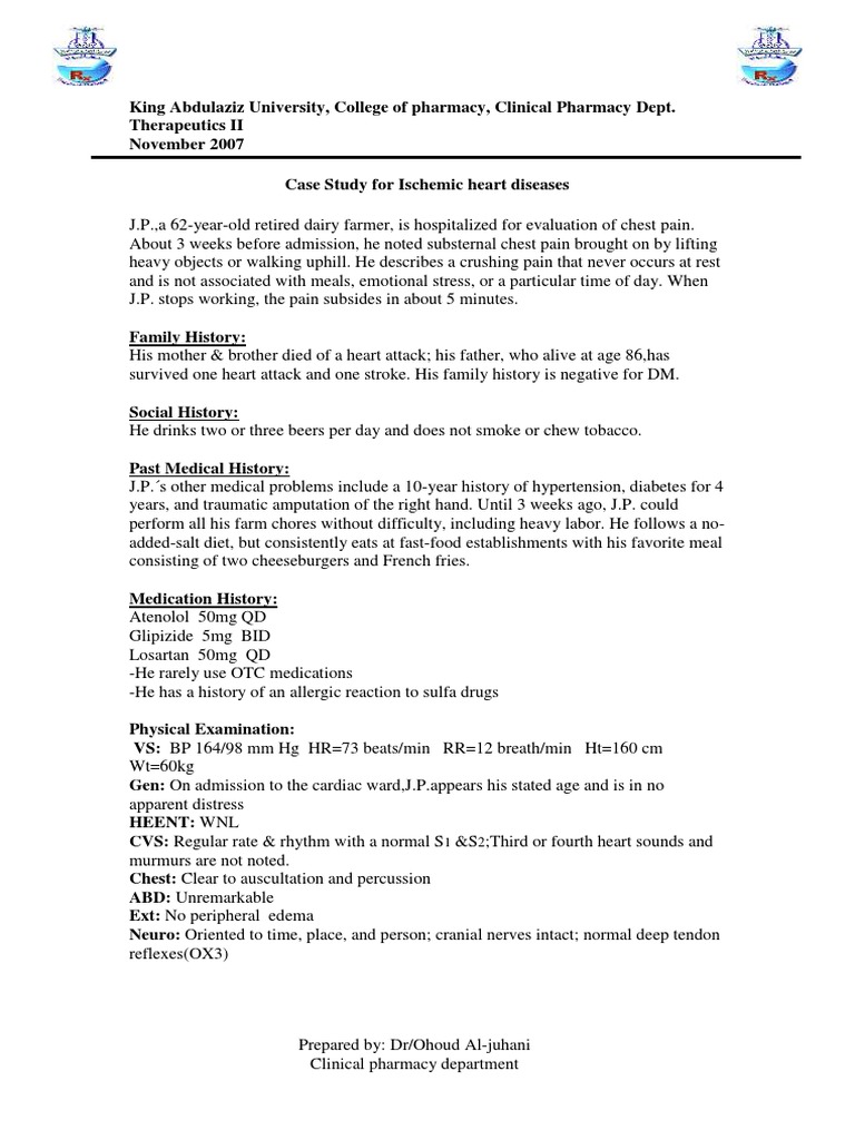 Ischemic Heart Disease Case Study | PDF | Vascular Diseases | Clinical ...