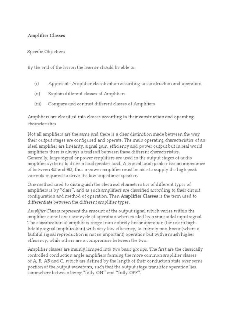 Lesson 9 Amplifier Classification PDF Amplifier Distortion