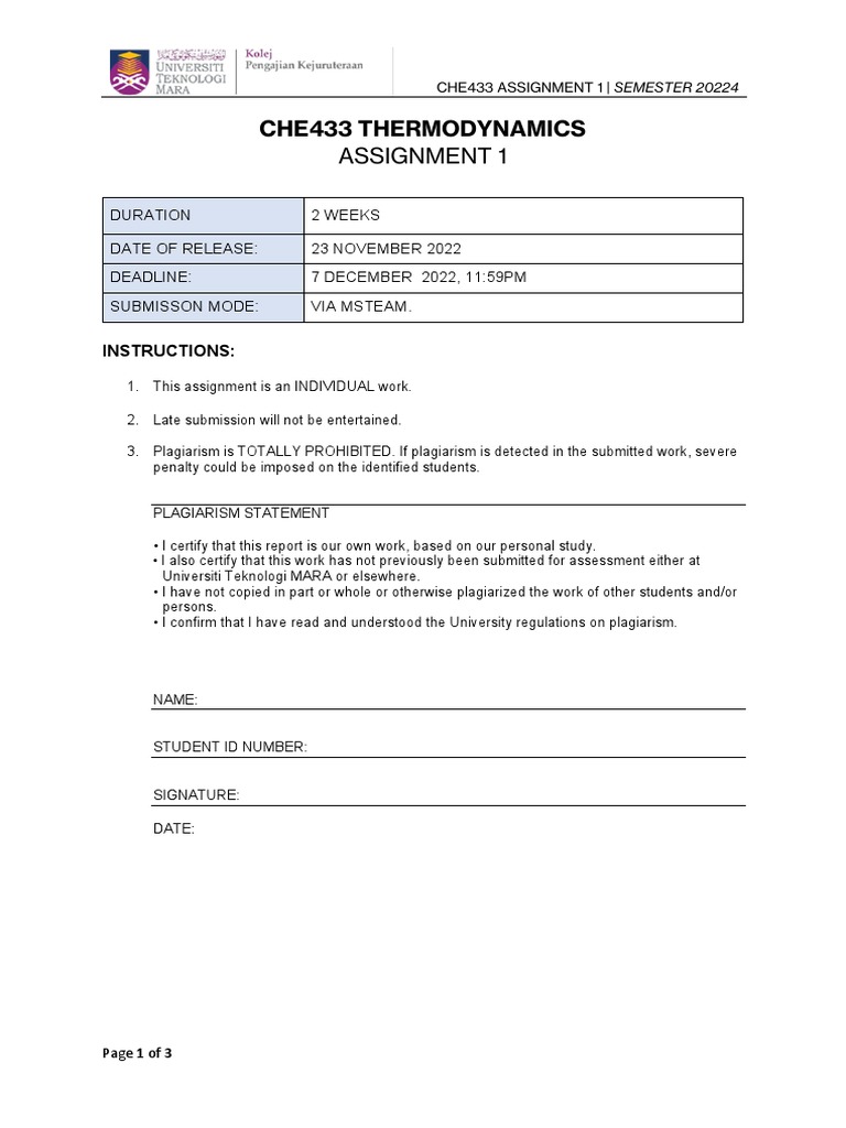 Assignment 1 Che433 Sem 20224 | PDF | Gases | Classical Mechanics