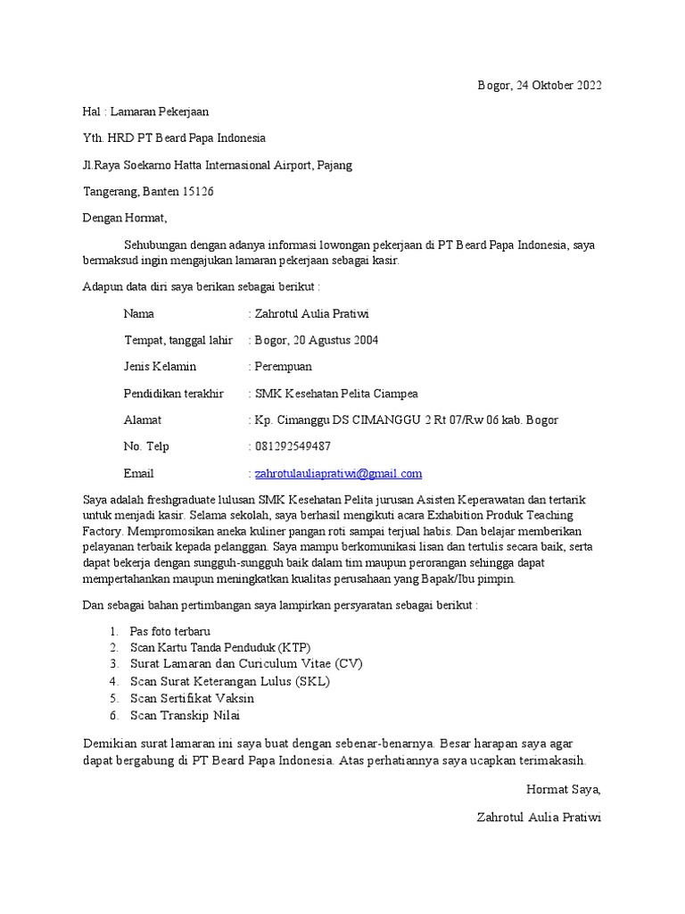 Surat Lamaran Kerja Beard Papa PDF
