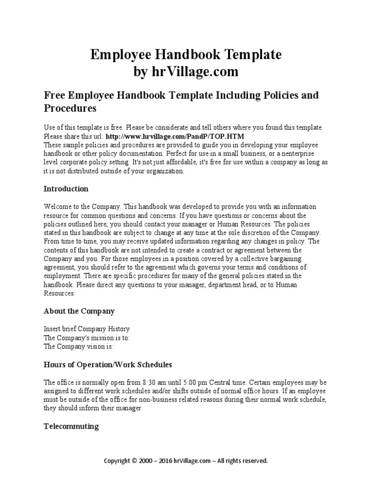 Employee Handbook Template | PDF | Family And Medical Leave Act Of 1993 ...