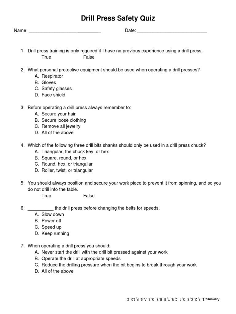 Drill Press Safety Quiz PDF