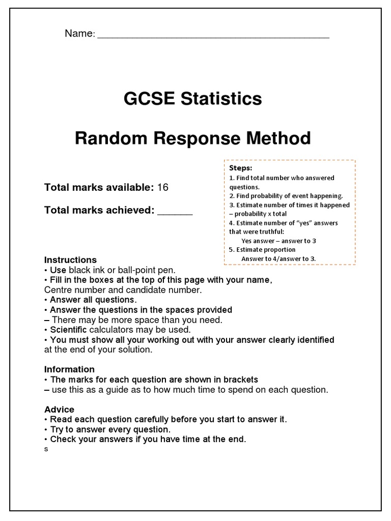 Random Response Method Exam Questions PDF Sampling (Statistics