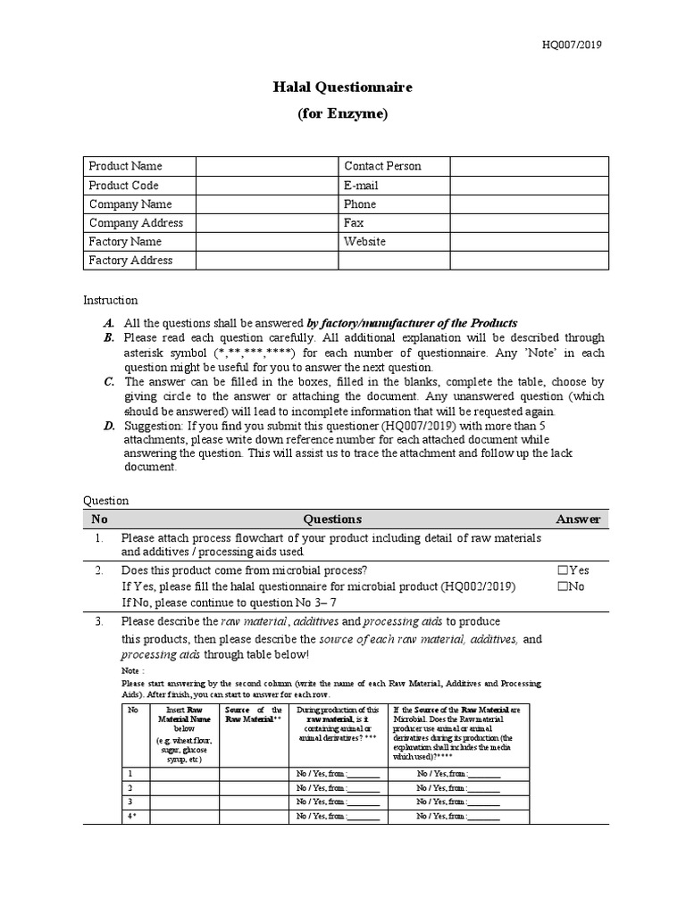 Halal Questionnaire For Enzyme (HQ007) PDF Food And Drink