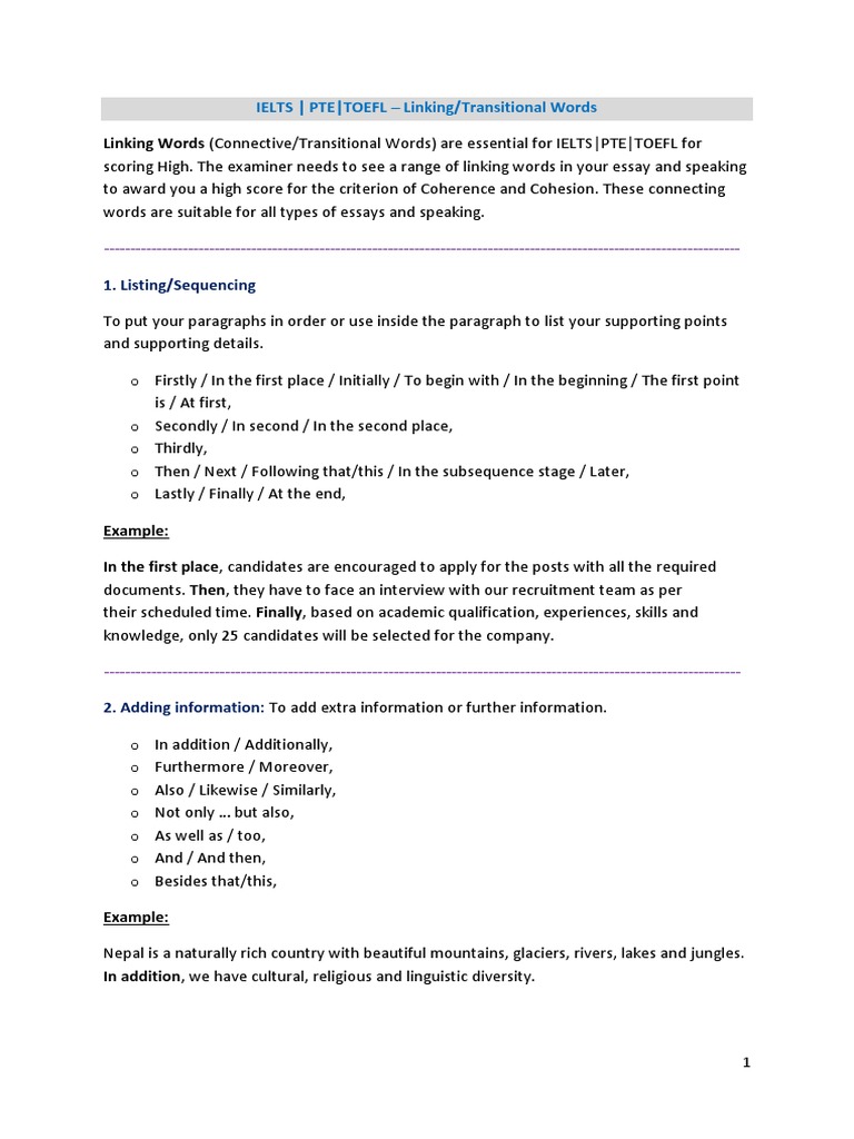 Linking Words For IELTS PTE TOEFL PDF Essays International English Language Testing System
