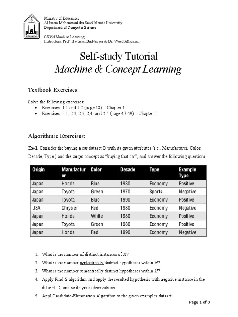 Tutorial 01 Machine & Concept Learning | PDF | Hypothesis | Algorithms