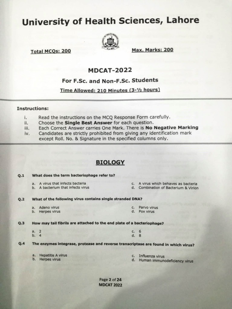 UHS Mdcat Paper 2022 PDF