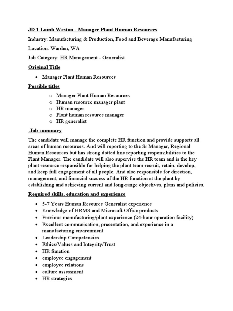 HR Manager Plant Lamb Weston PDF Human Resource Management Human