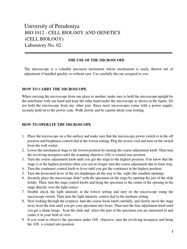 BIO1012_The use of microscope handout PDF Microscope Optical Devices