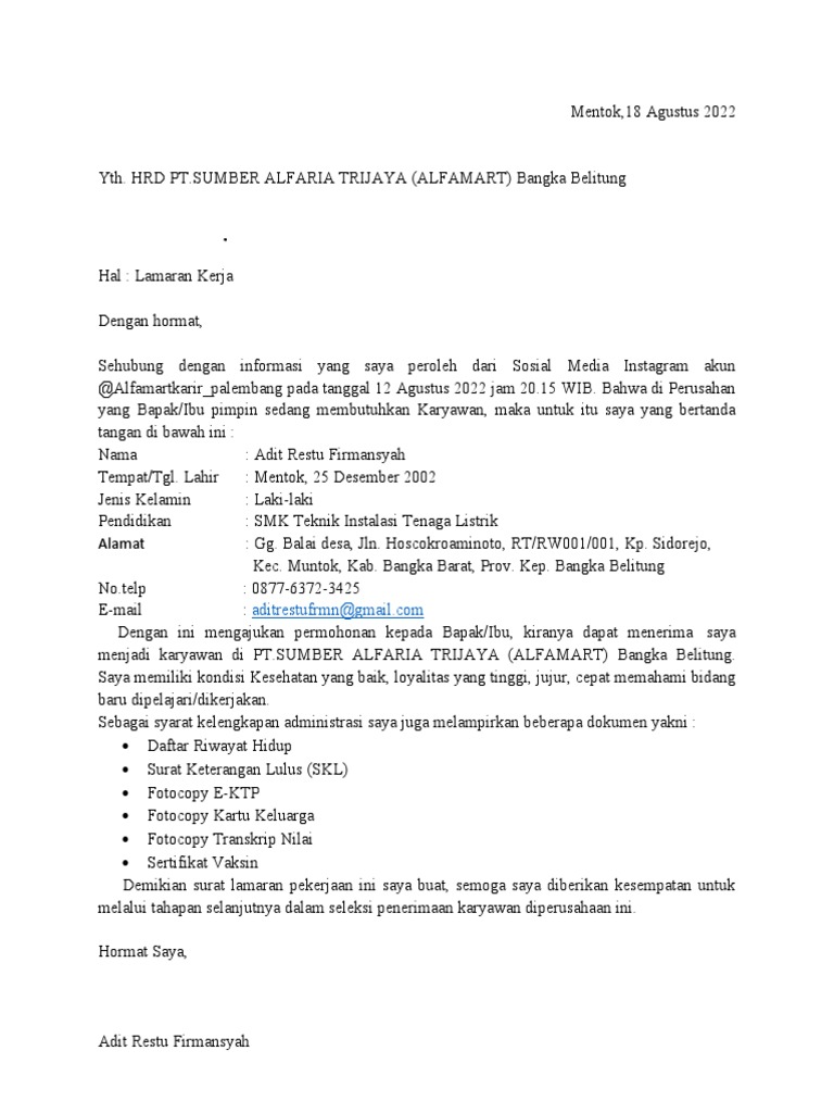 Surat Lamaran Kerja Indomaret | PDF