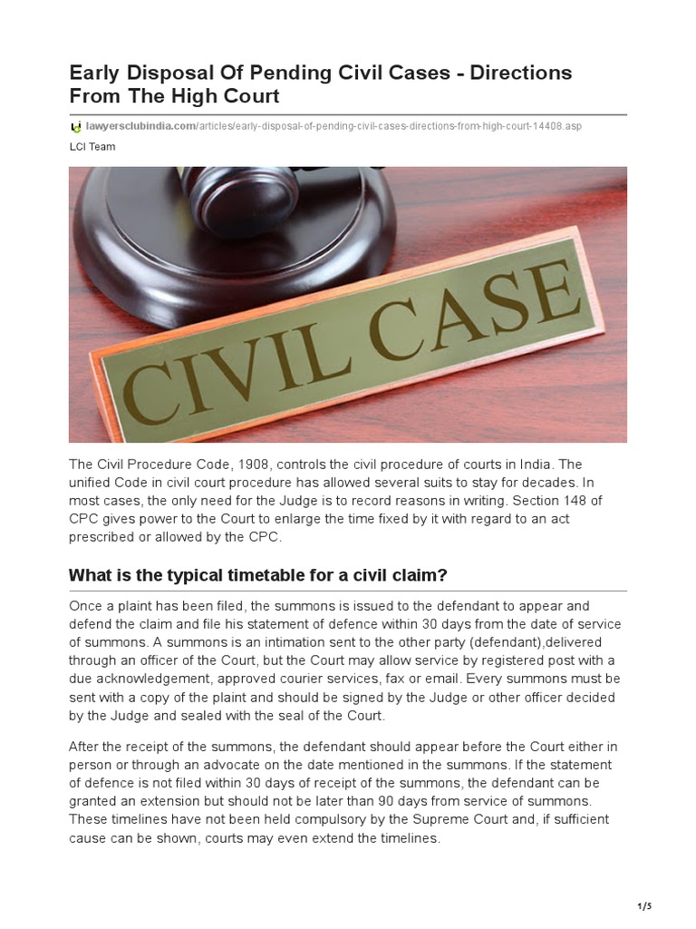 Early Disposal of Pending Civil Cases Directions From The High Court