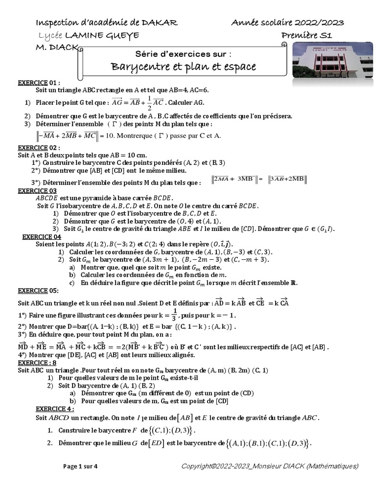 TD Calcul Vectoriel Et Barycentre de L'espace - 1S1 - 2022-2023 | PDF ...