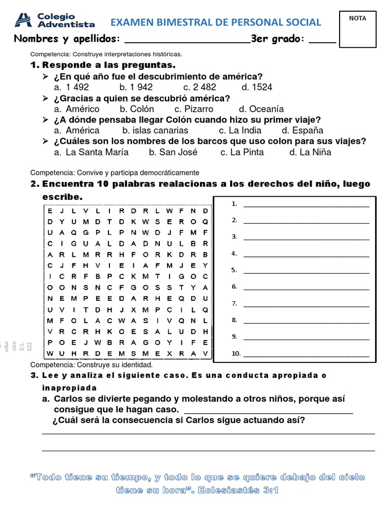 Examen Bimestral de Personal Social 4to Grado | PDF | Crecimiento ...