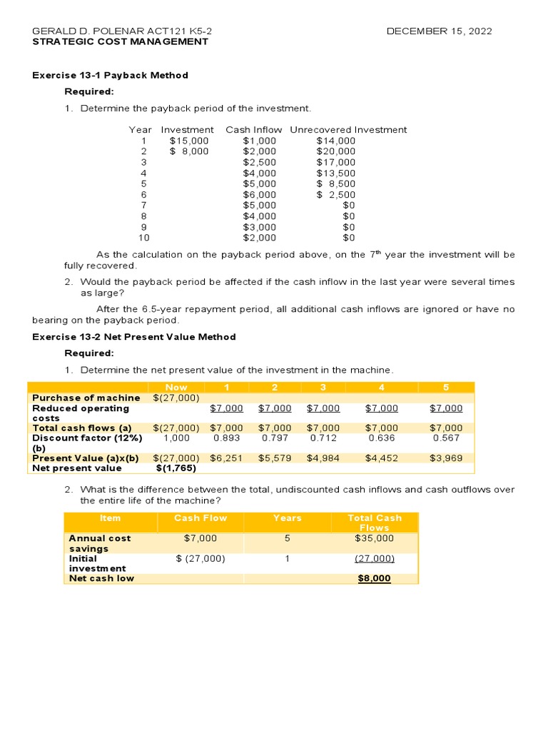 Polenar Budgeting-Assignment | PDF | Net Present Value | Internal Rate ...