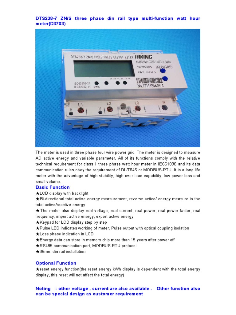 DTS238-7 Three Phase Energy Meter | PDF | Ac Power | Quantity
