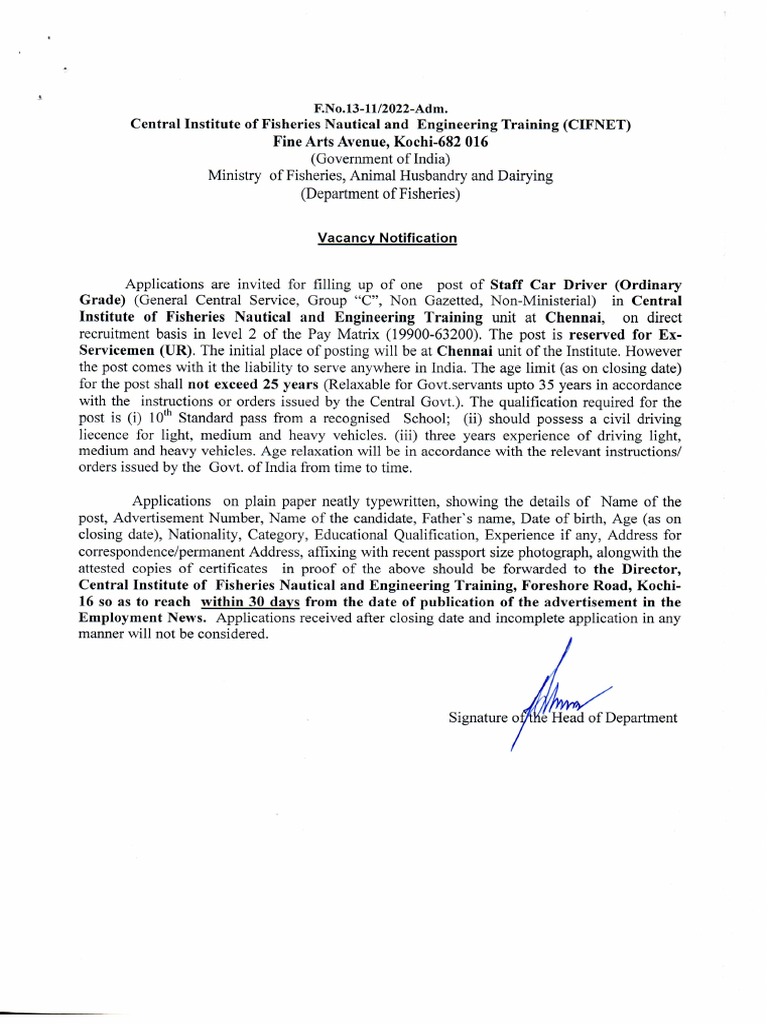 CIFNET Staff Car Driver Post Notification PDF