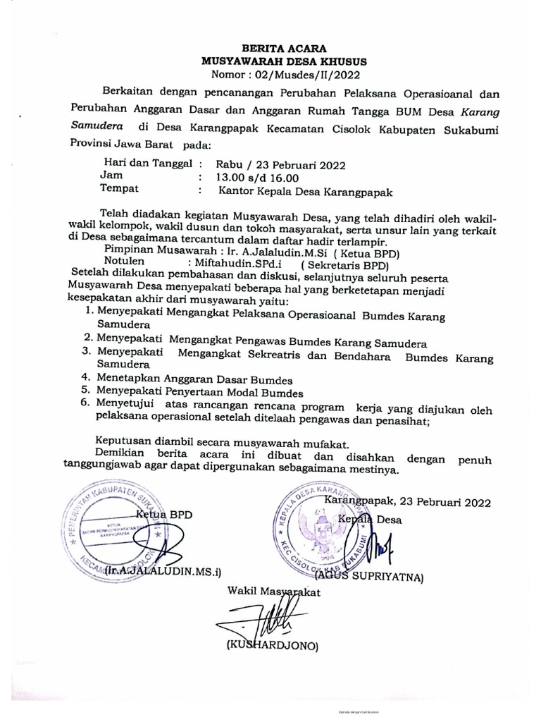 Contoh Berita Acara MUSDES BUMDES | PDF