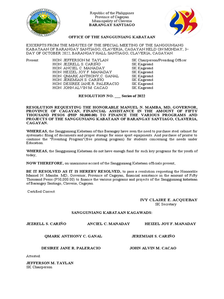 SK Resolution for Financial Aid | PDF | Philippines