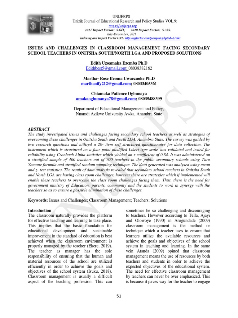 Classroom Management Challenges in Onitsha Schools | PDF | Teachers ...