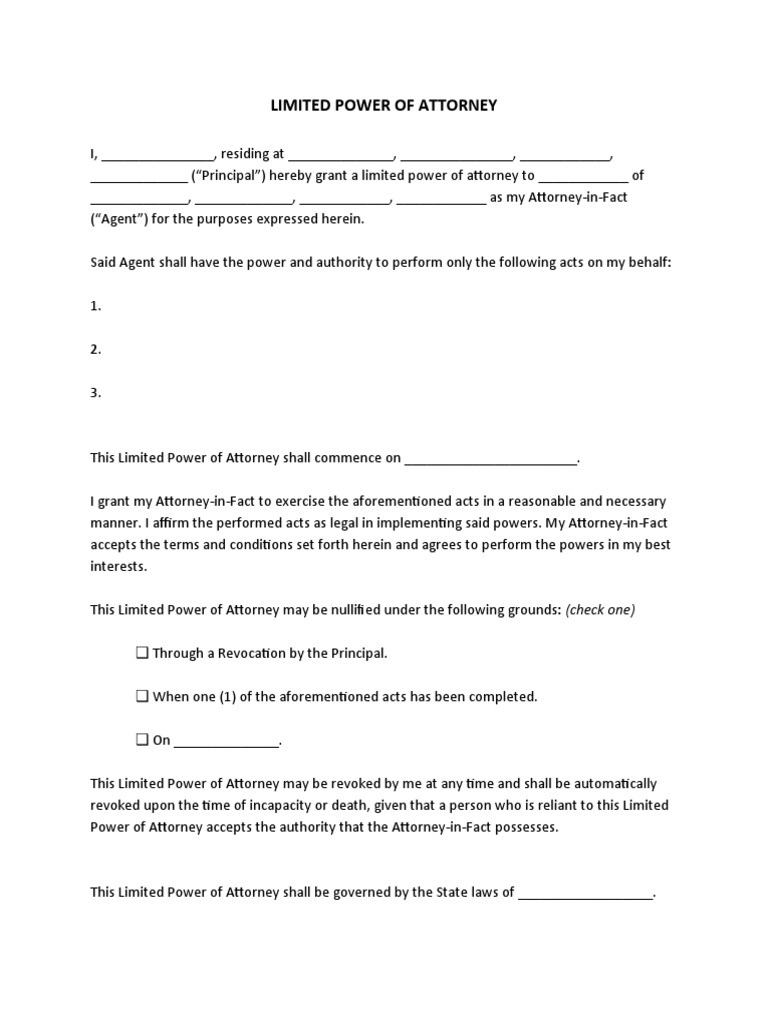 Limited Power of Attorney Template | PDF | Social Science