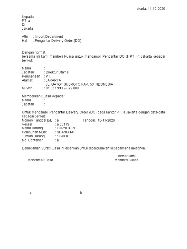 Surat Kuasa Pengambilan DO Barang | PDF