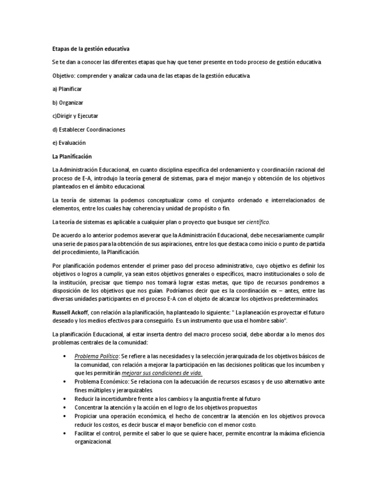 Etapas de la Gestión Educativa | PDF | Planificación | Evaluación