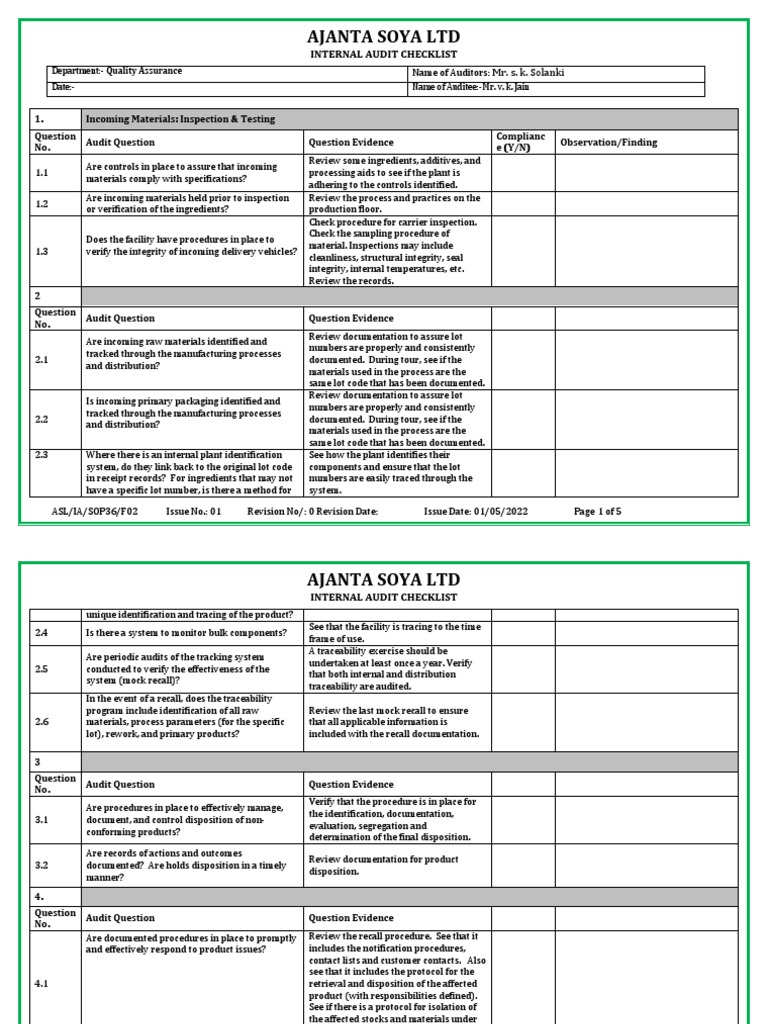 Internal Audit Checklist QA PDF Audit Calibration