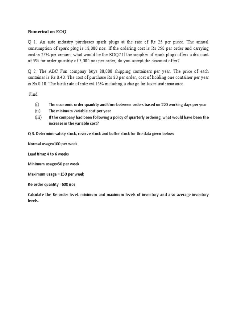 EOQ Numerical Problems and Solutions | PDF | Finance & Money Management