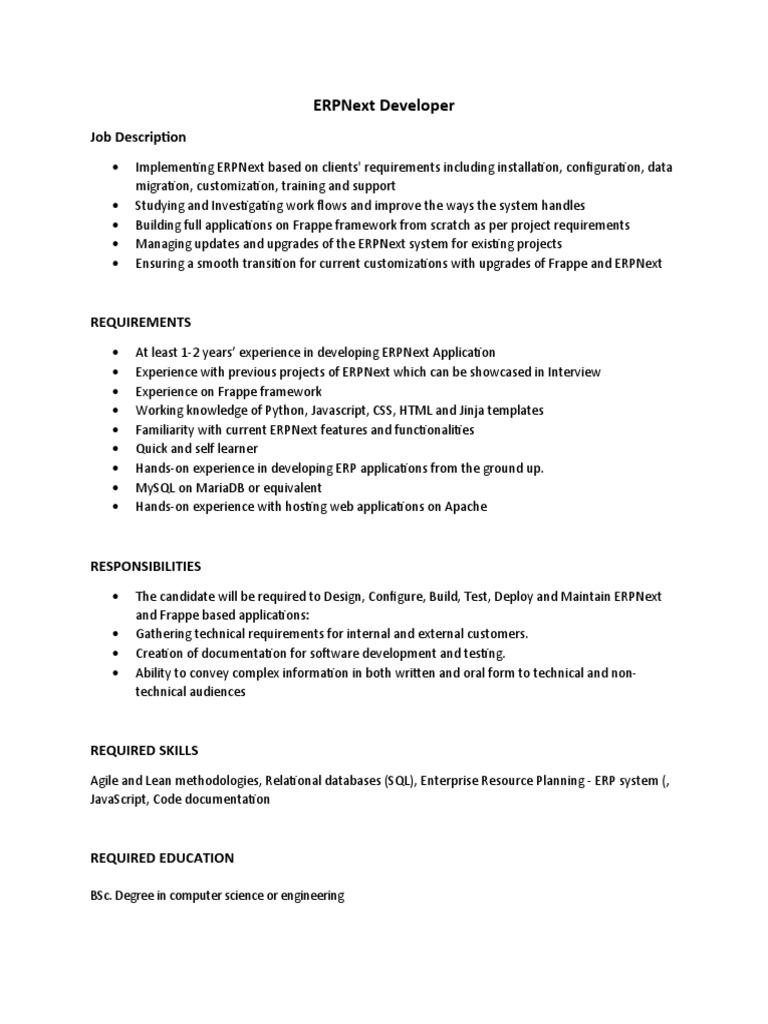ERPNext Developer Job Description | PDF