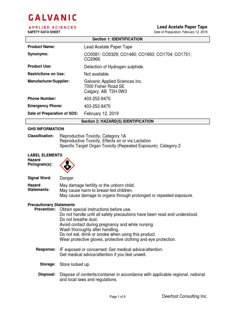 MSDS Lead Acetate Tape PDF Safety Medical Specialties