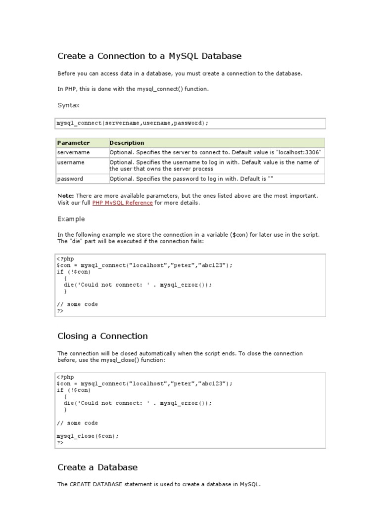 Create A Connection To A Mysql Database: Syntax | PDF | Sql | Data ...