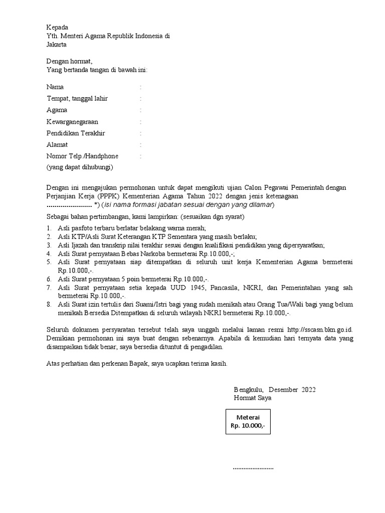 Contoh SURAT LAMARAN PERNYATAAN P3K | PDF