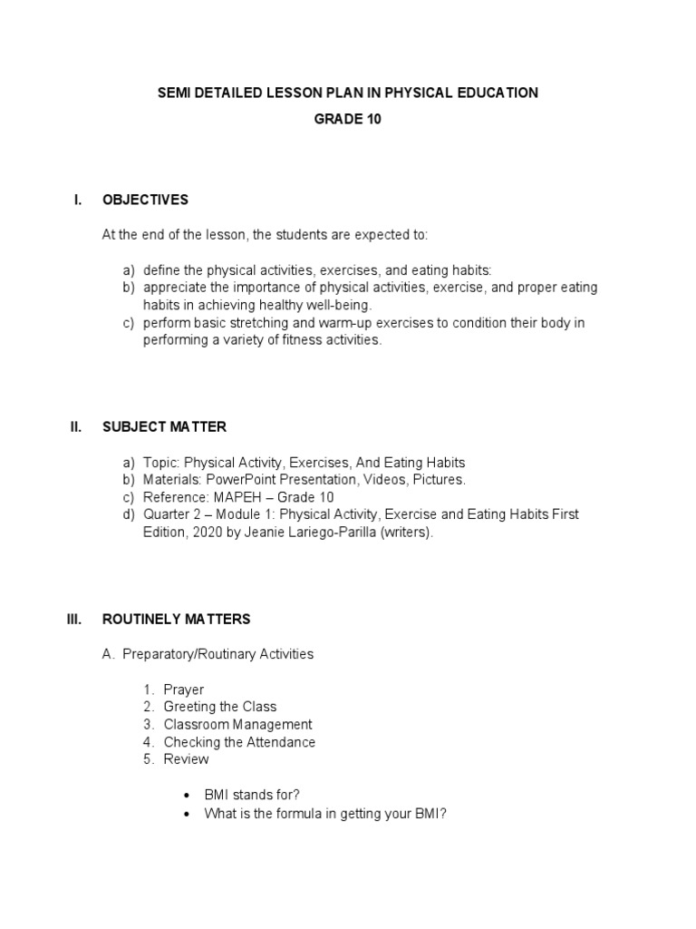 Semi Detailed Lesson Plan in Physical Education Grade 10 | PDF ...