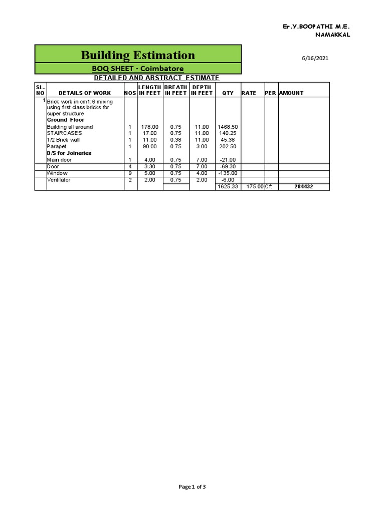 Building Estimation: BOQ SHEET - Coimbatore | PDF | Economic Sectors ...