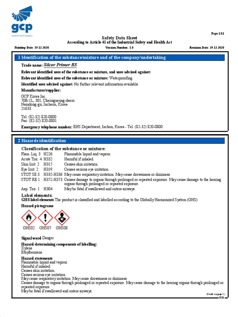 Silcor Primer BS Safety Data Sheet | PDF | Toxicity | Personal ...