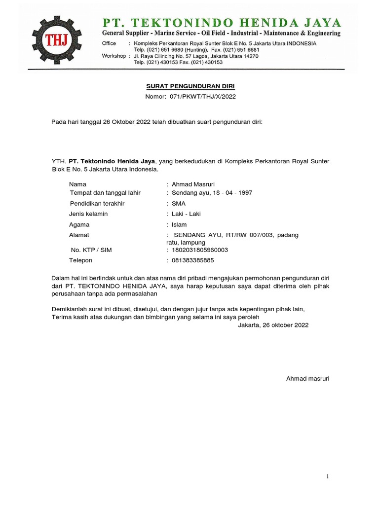 Contoh Surat Pengunduran Diri | PDF