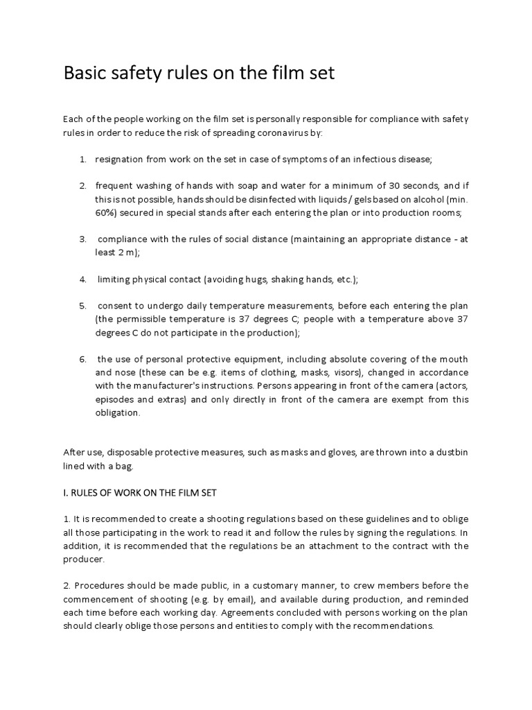 Basic Safety Rules On The Film Set PDF Cosmetics Transport
