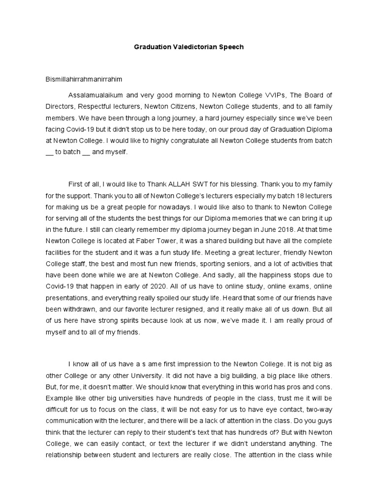 Graduation Valedictorian Speech Newton College | PDF