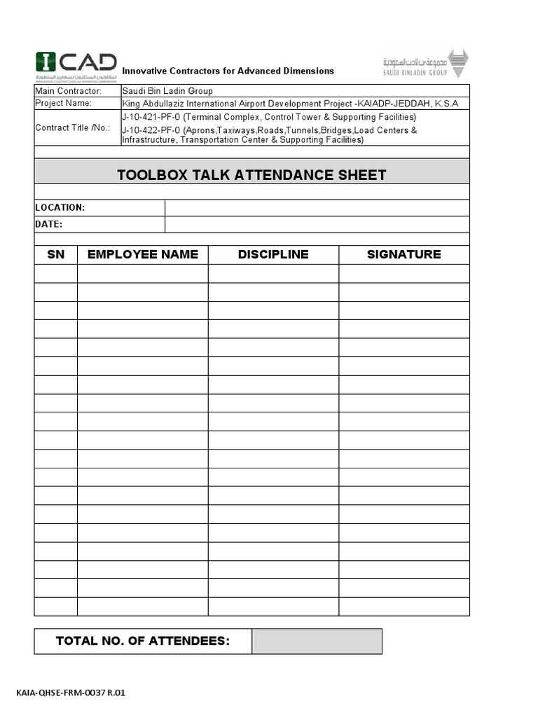 Kaia Qhse Frm 0037 R01 Tool Box Talk Attendance Sheet Pdf