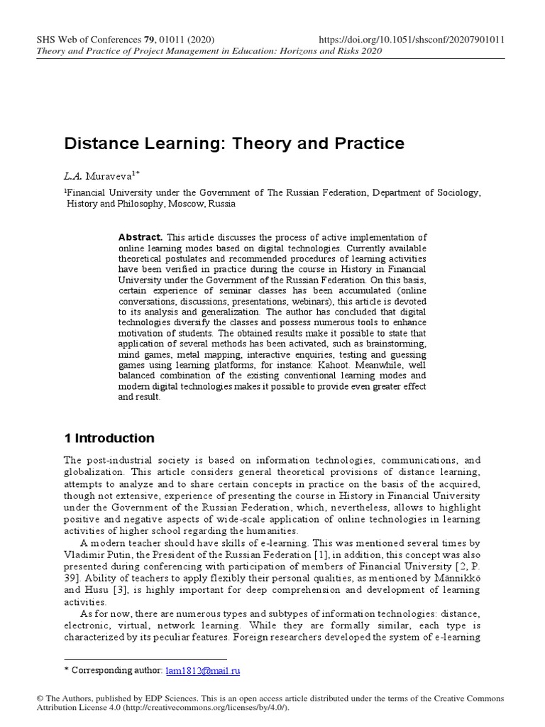Distance Learning Theory and PracticeL.A. Muraveva PDF
