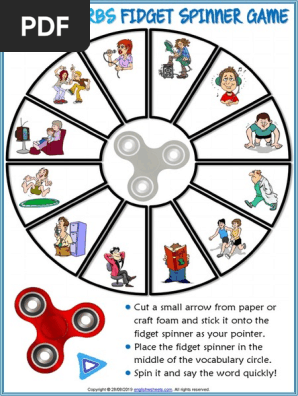 action verbs vocabulary esl printable fidget spinner game for kids