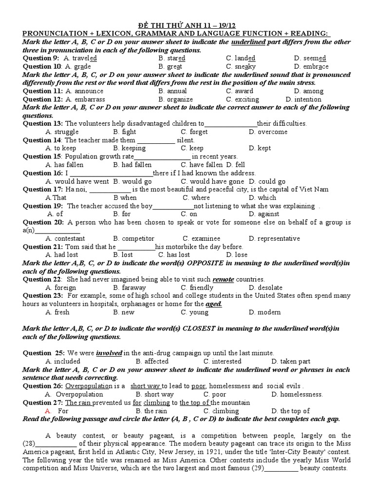 Practice Test for English 11 - 19/12 | PDF | Question | Referee