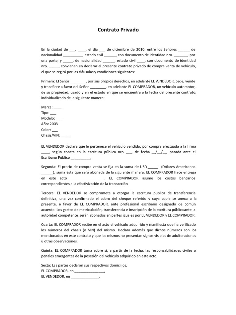 Contrato de compraventa de vehículo sencillo pdf