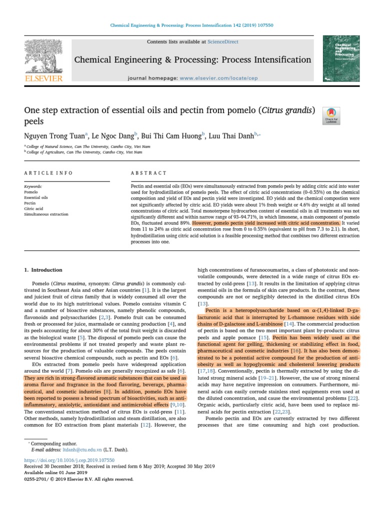 One Step Extraction of Essential Oils and Pectin From Pomelo (Citrus