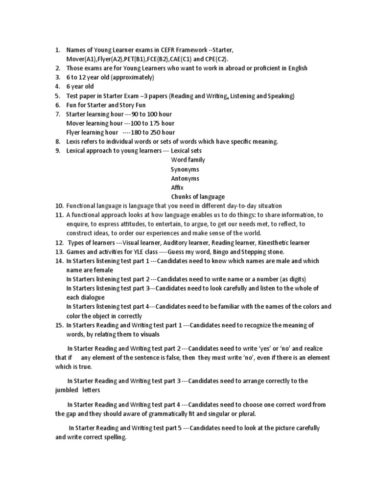 CEFR Young Learner Exam Overview | PDF