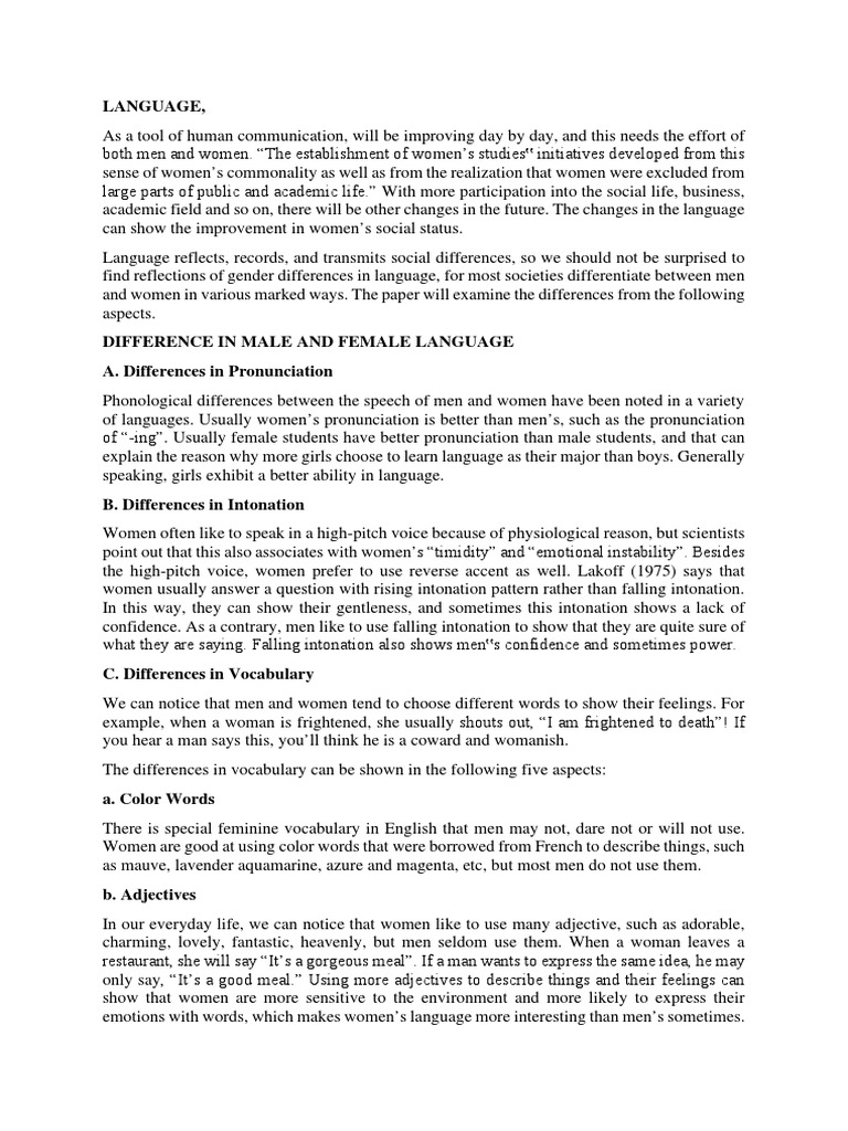 Difference Between Male and Female Language | PDF | Question | Accent ...