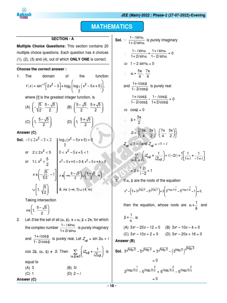 JEE Main 2022 Phase-2 Mathematics Solutions | PDF | Analytic Geometry ...