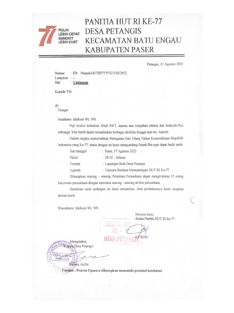 Undangan Upacara Peringatan HUT RI Ke-77 PT. Ansaf Inti Resources | PDF