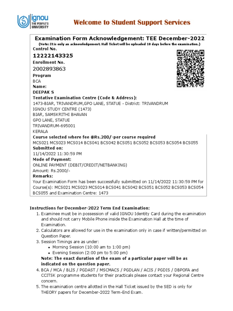 Ignou examination form acknowledgement pdf