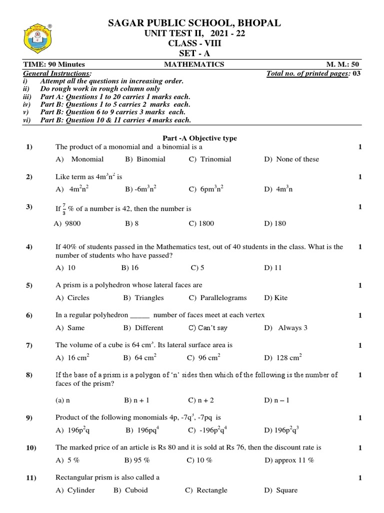Class VIII Mathematics Unit Test 2021-22 | PDF | Area | Tetrahedron